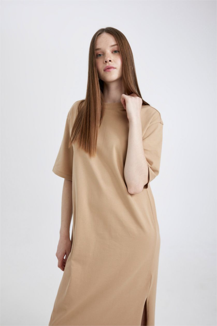 FEMME Beige Clair Robe Midi Jersey à Manches Courtes Col Rond