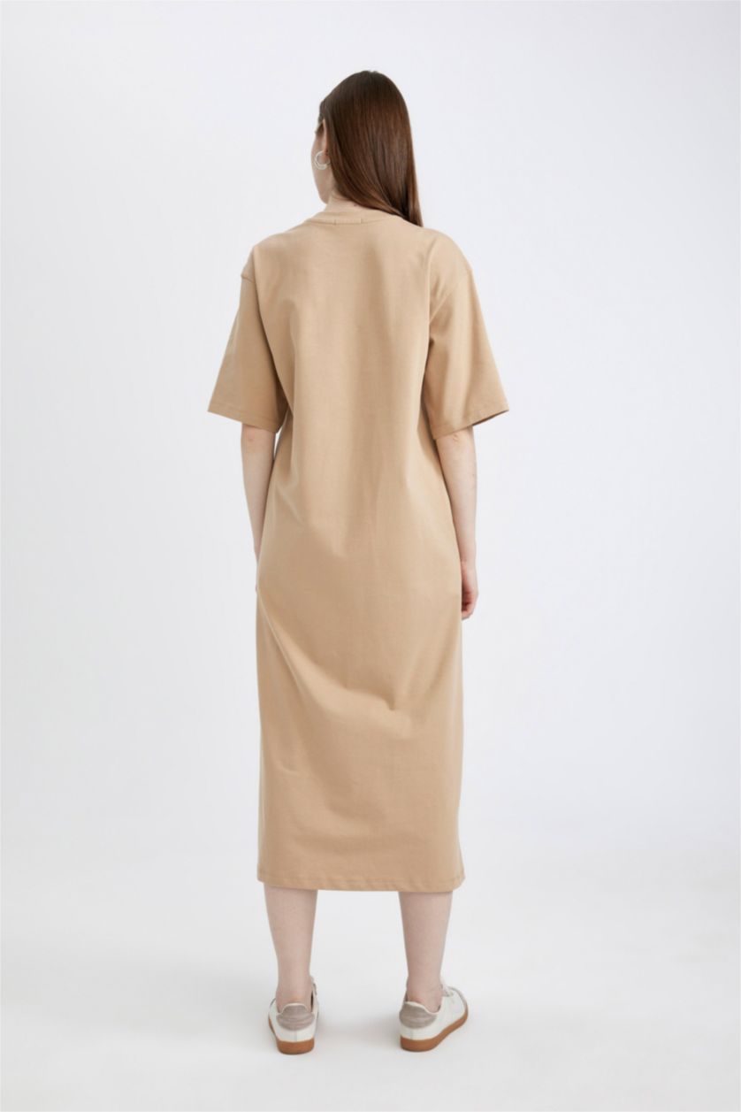 FEMME Beige Clair Robe Midi Jersey à Manches Courtes Col Rond