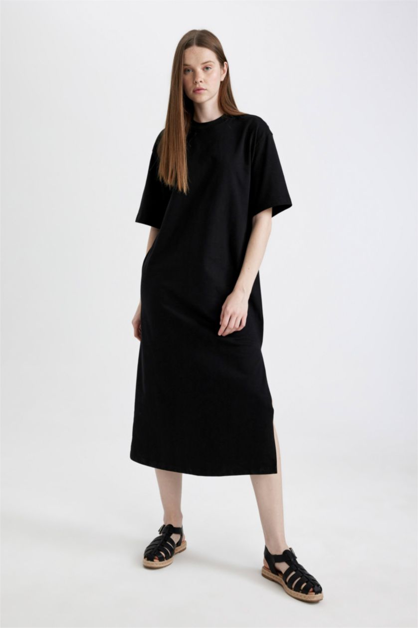 FEMME Noir Robe Midi Jersey à Manches Courtes Col Rond