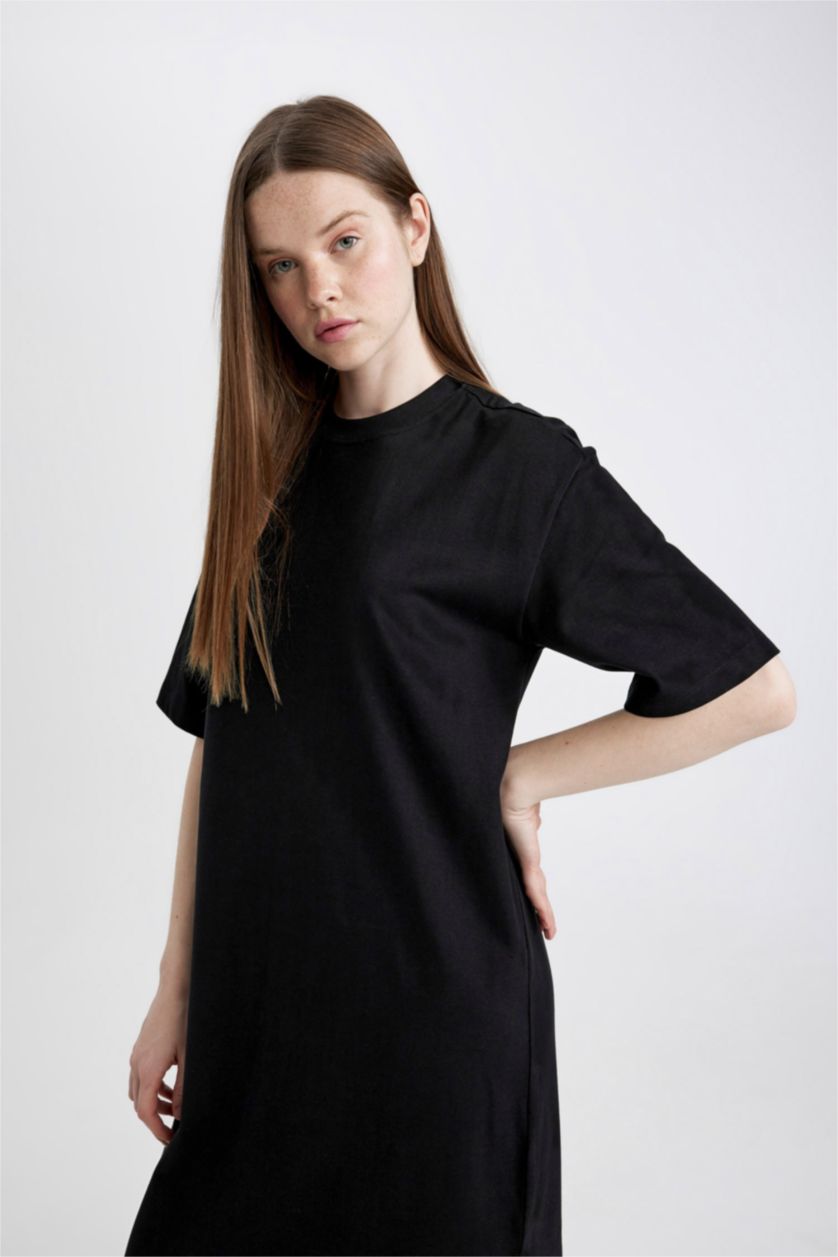 FEMME Noir Robe Midi Jersey à Manches Courtes Col Rond