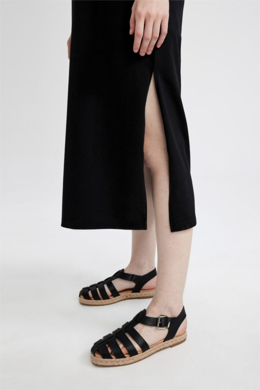 FEMME Noir Robe Midi Jersey à Manches Courtes Col Rond