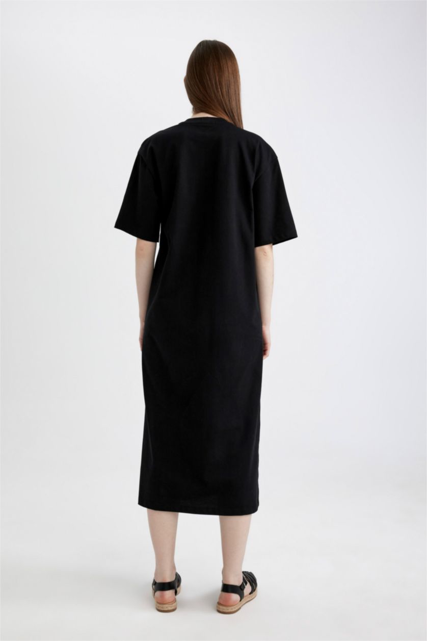 FEMME Noir Robe Midi Jersey à Manches Courtes Col Rond