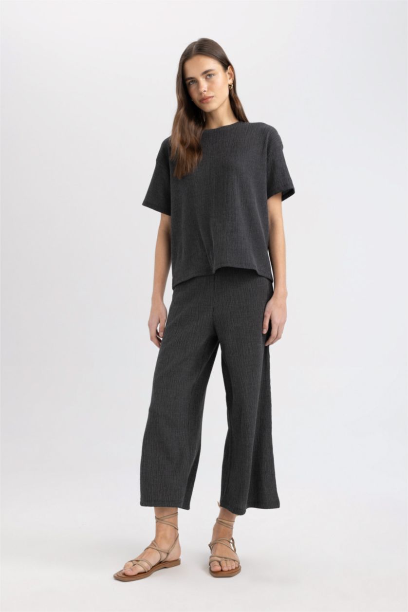 WOMAN Black Relax Fit Crew Neck Crepe Short Sleeve T-Shirt