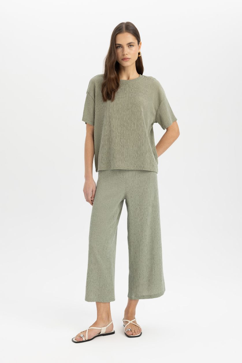 WOMAN Light Khaki Relax Fit Crew Neck Crepe Short Sleeve T-Shirt