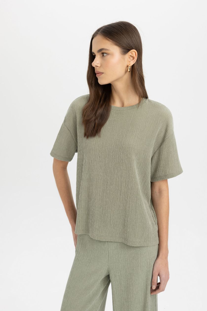 WOMAN Light Khaki Relax Fit Crew Neck Crepe Short Sleeve T-Shirt