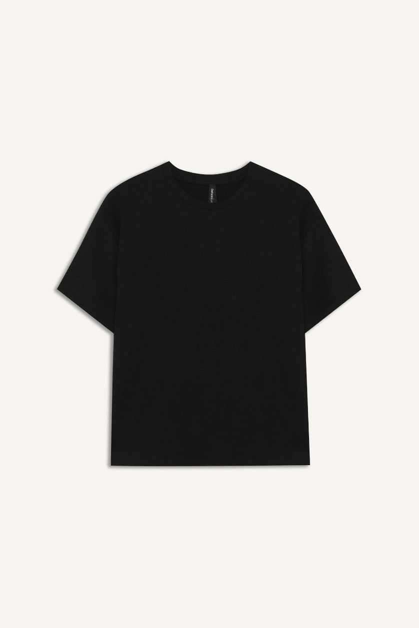 Kadın Siyah Relax Fit Bisiklet Yaka Basic Düz Bürümcük Kısa Kollu Siyah Tişört