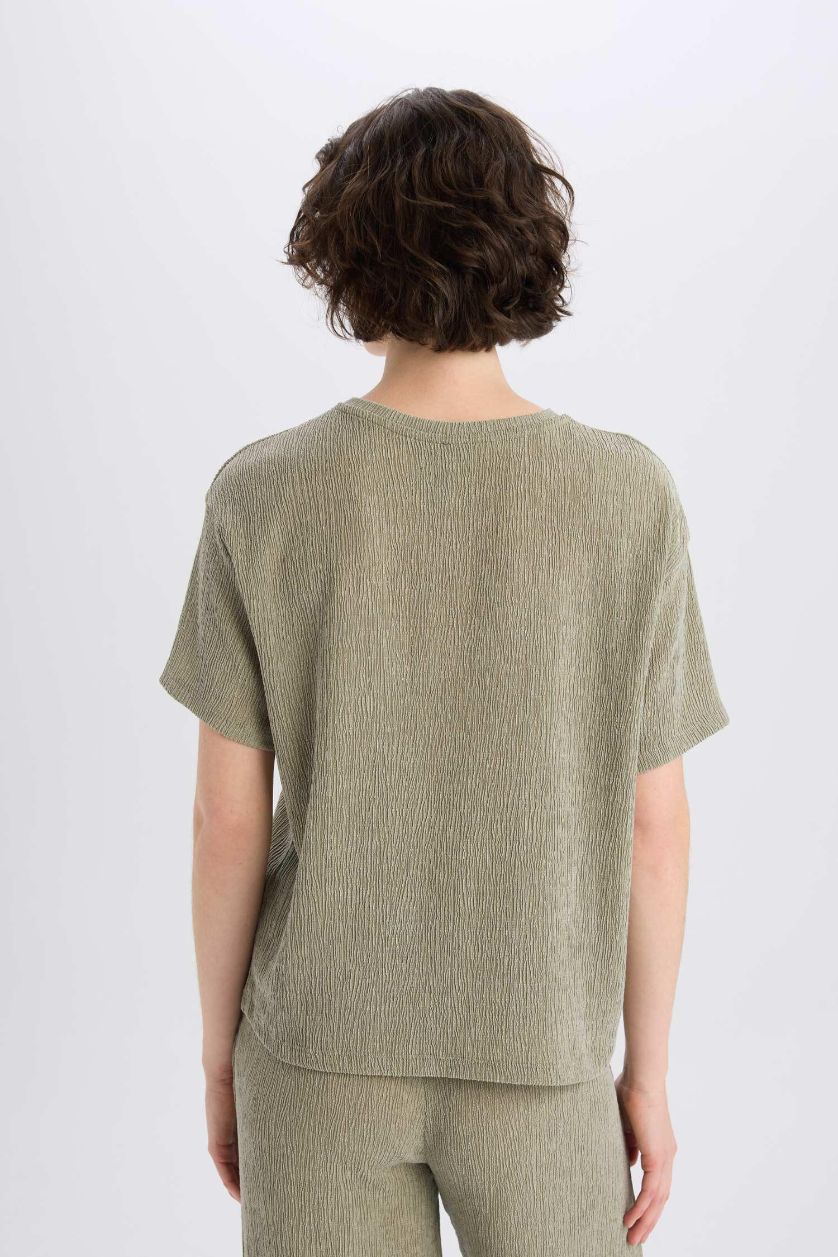 نساء كاكي فاتح تيشيرت نص كم قصة مريحة برقبة مستديرة