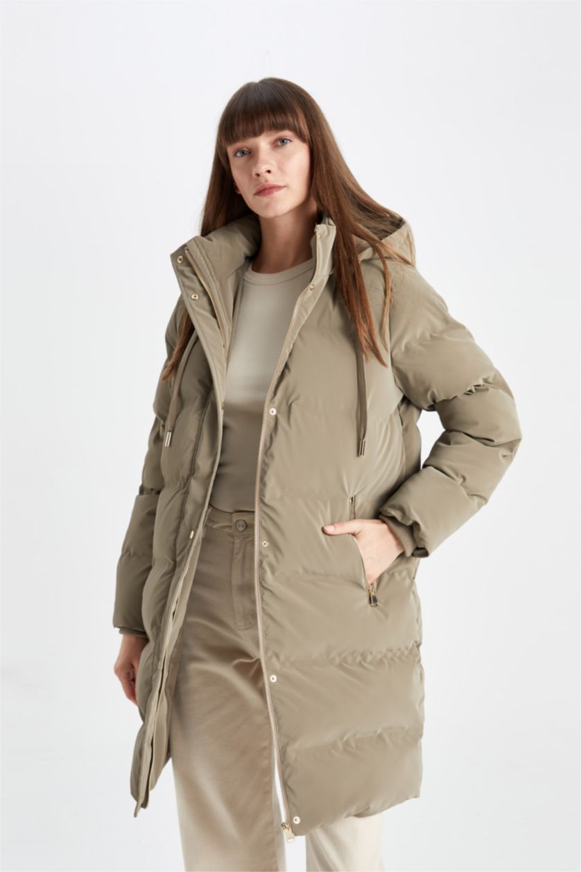 Kadın Vizon Su Geçirmez Uzun Şişme Mont Parka Kapüşonlu Fermuarlı Çıtçıtlı Cepli