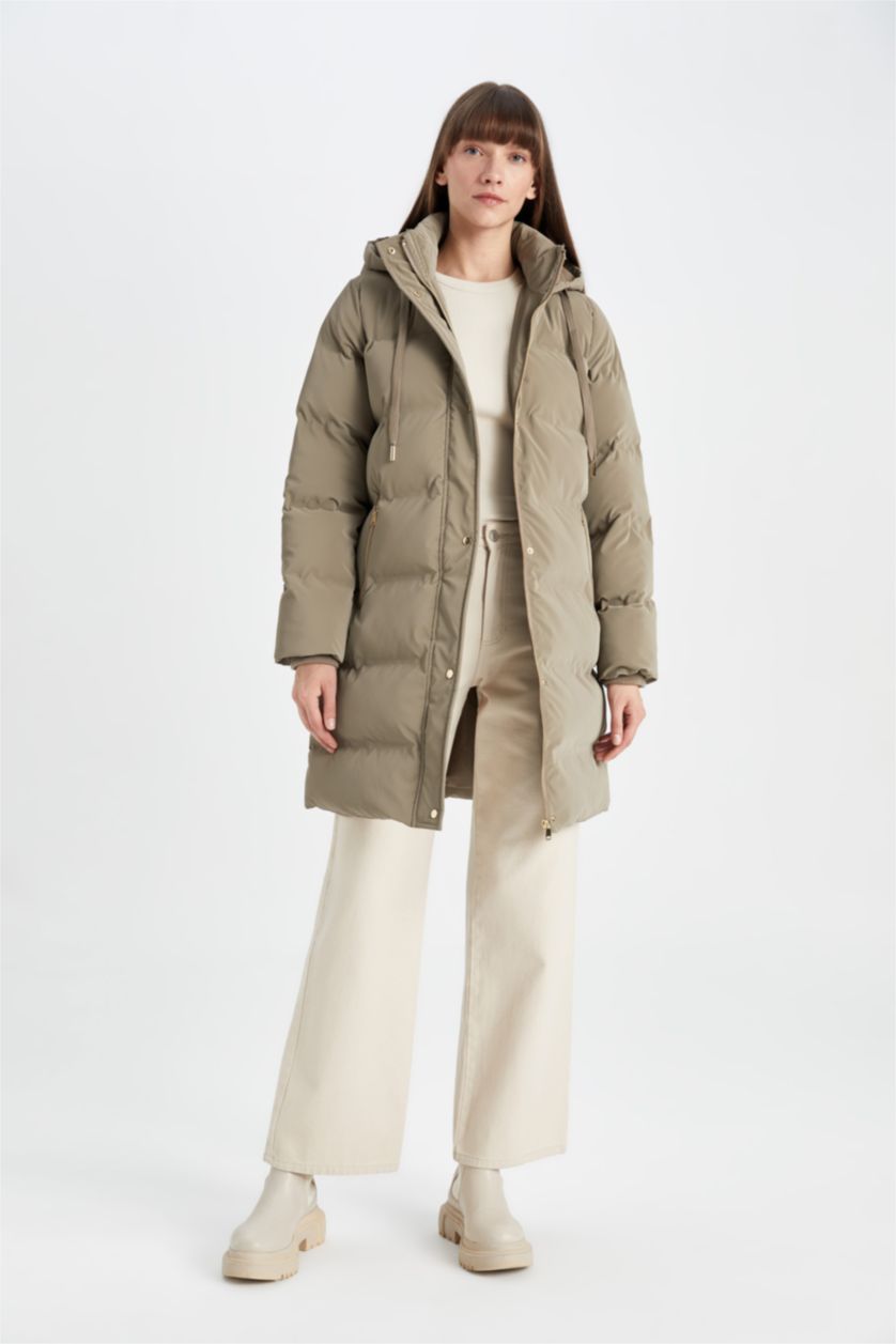 Kadın Vizon Su Geçirmez Uzun Şişme Mont Parka Kapüşonlu Fermuarlı Çıtçıtlı Cepli