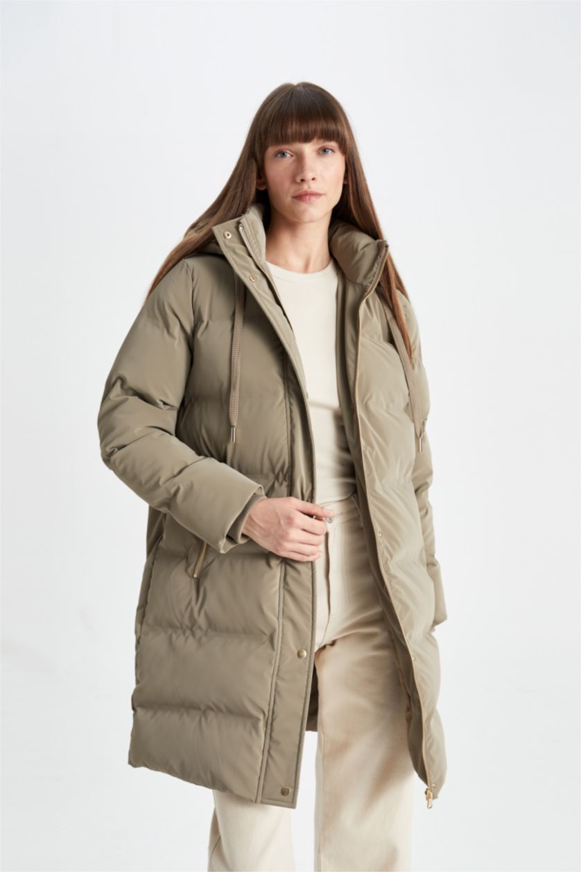 Kadın Vizon Su Geçirmez Uzun Şişme Mont Parka Kapüşonlu Fermuarlı Çıtçıtlı Cepli