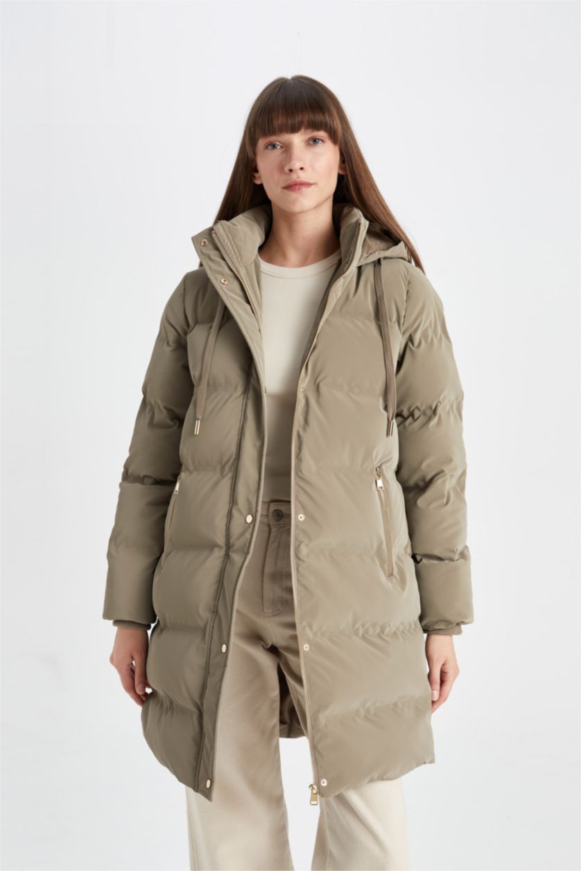 Kadın Vizon Su Geçirmez Uzun Şişme Mont Parka Kapüşonlu Fermuarlı Çıtçıtlı Cepli