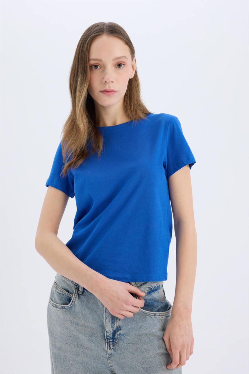 WOMAN Blue Regular Fit Crew Neck Basic Short Sleeve T-Shirt