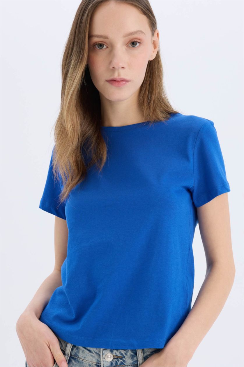 WOMAN Blue Regular Fit Crew Neck Basic Short Sleeve T-Shirt