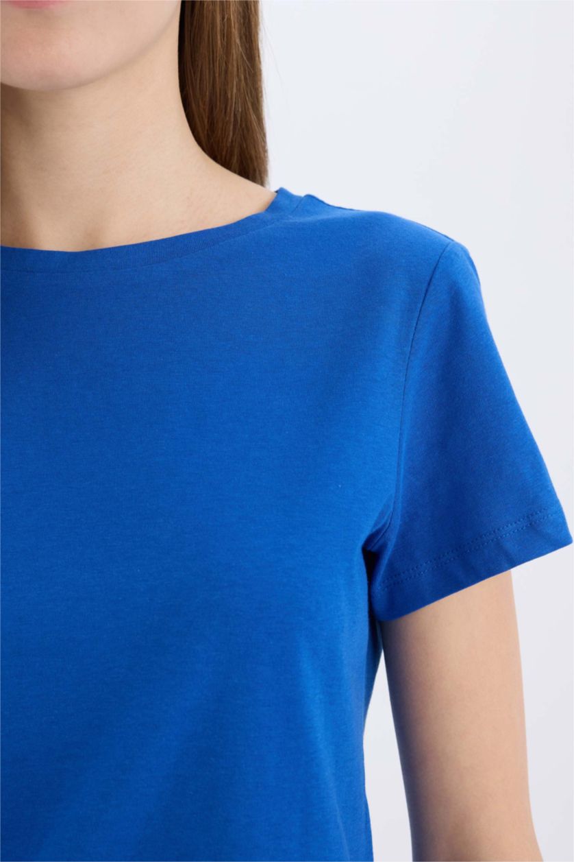 WOMAN Blue Regular Fit Crew Neck Basic Short Sleeve T-Shirt