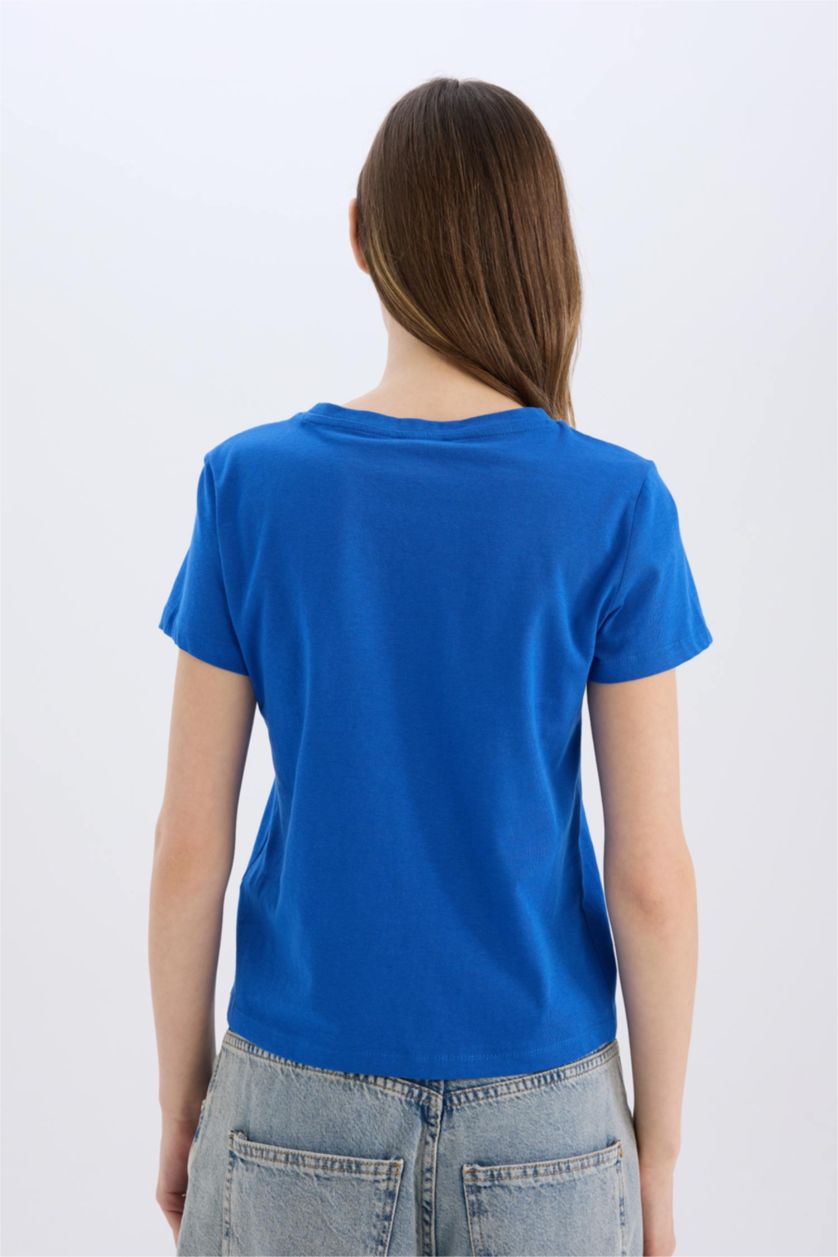 WOMAN Blue Regular Fit Crew Neck Basic Short Sleeve T-Shirt