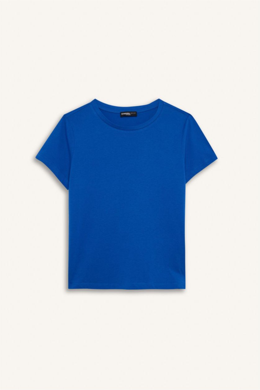 WOMAN Blue Regular Fit Crew Neck Basic Short Sleeve T-Shirt