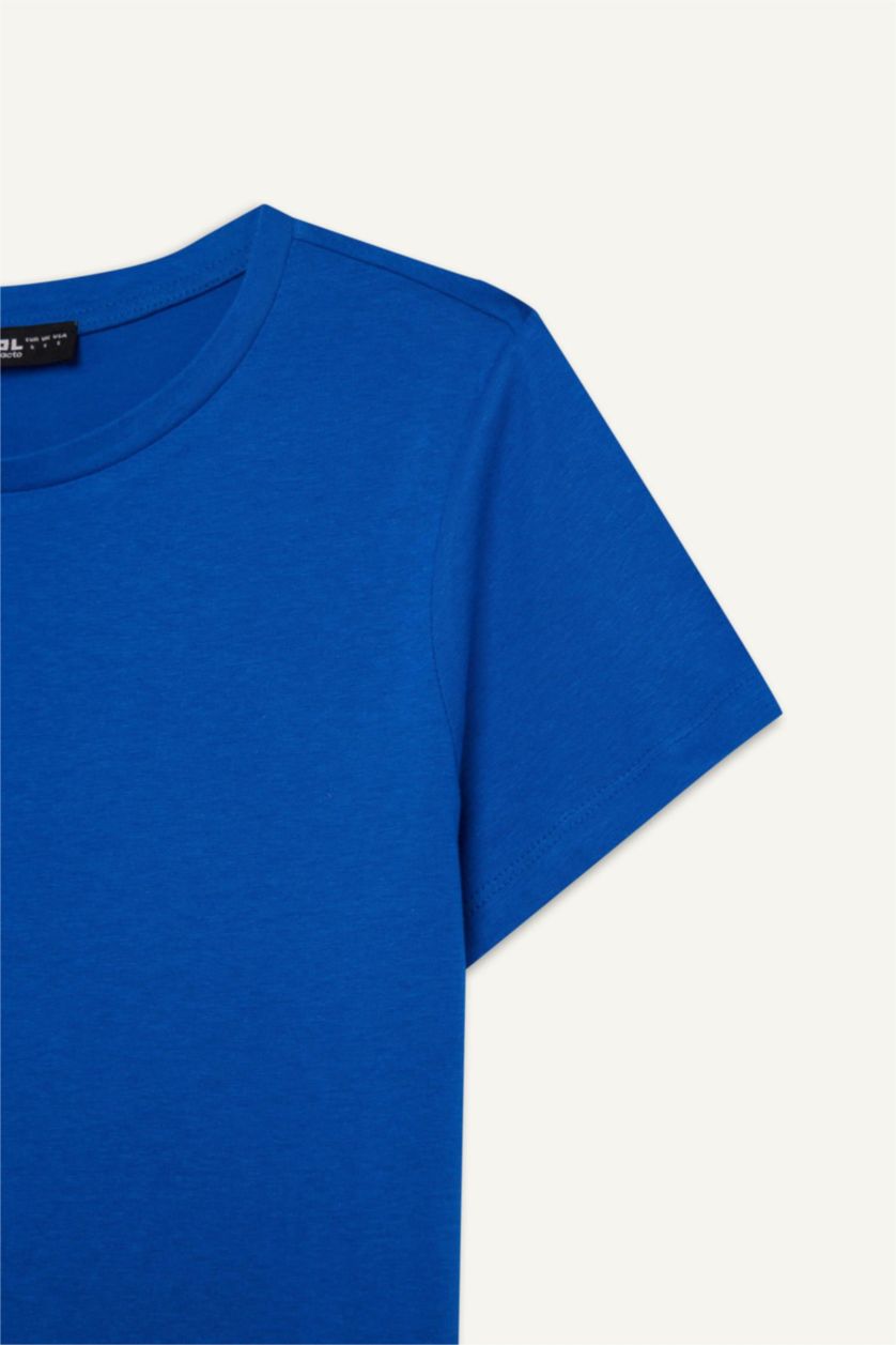 WOMAN Blue Regular Fit Crew Neck Basic Short Sleeve T-Shirt