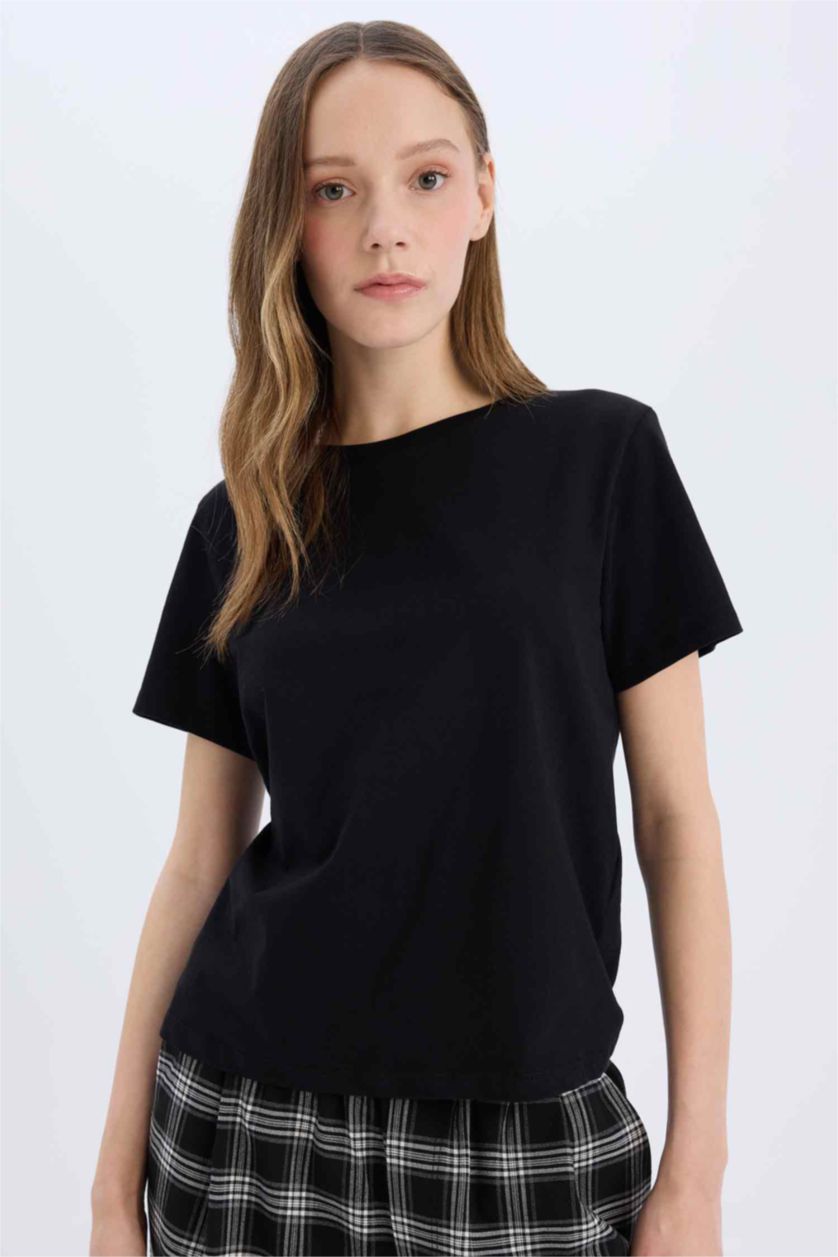 WOMAN Black Regular Fit Crew Neck Basic Black T-Shirt