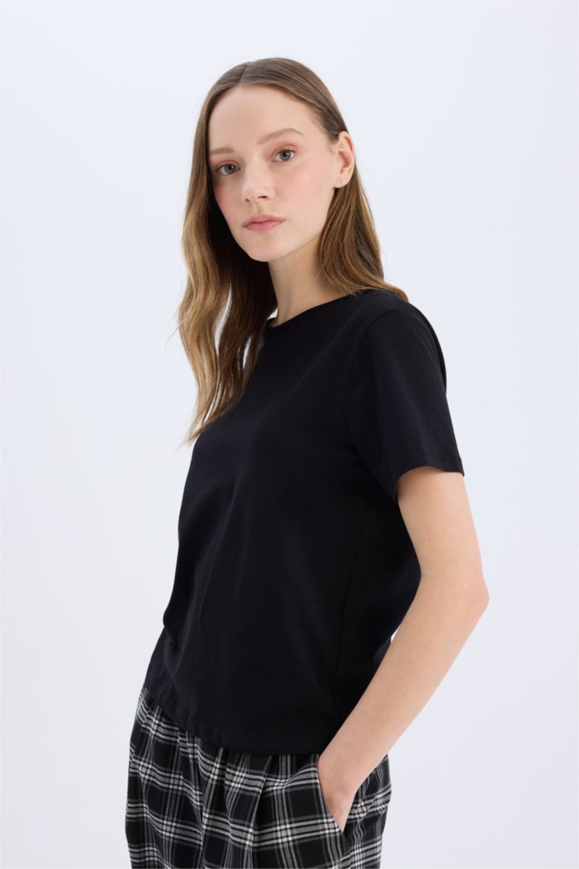 WOMAN Black Regular Fit Crew Neck Basic Black T-Shirt