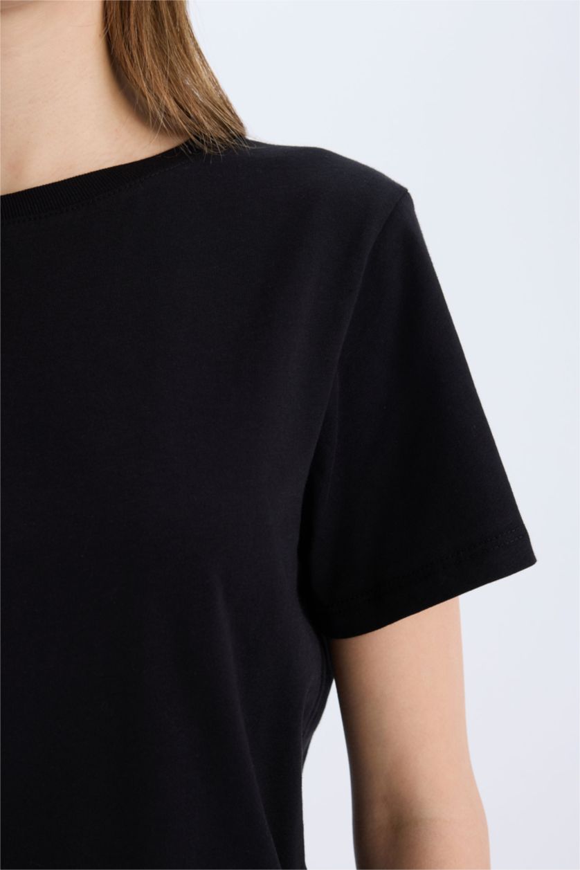 WOMAN Black Regular Fit Crew Neck Basic Black T-Shirt