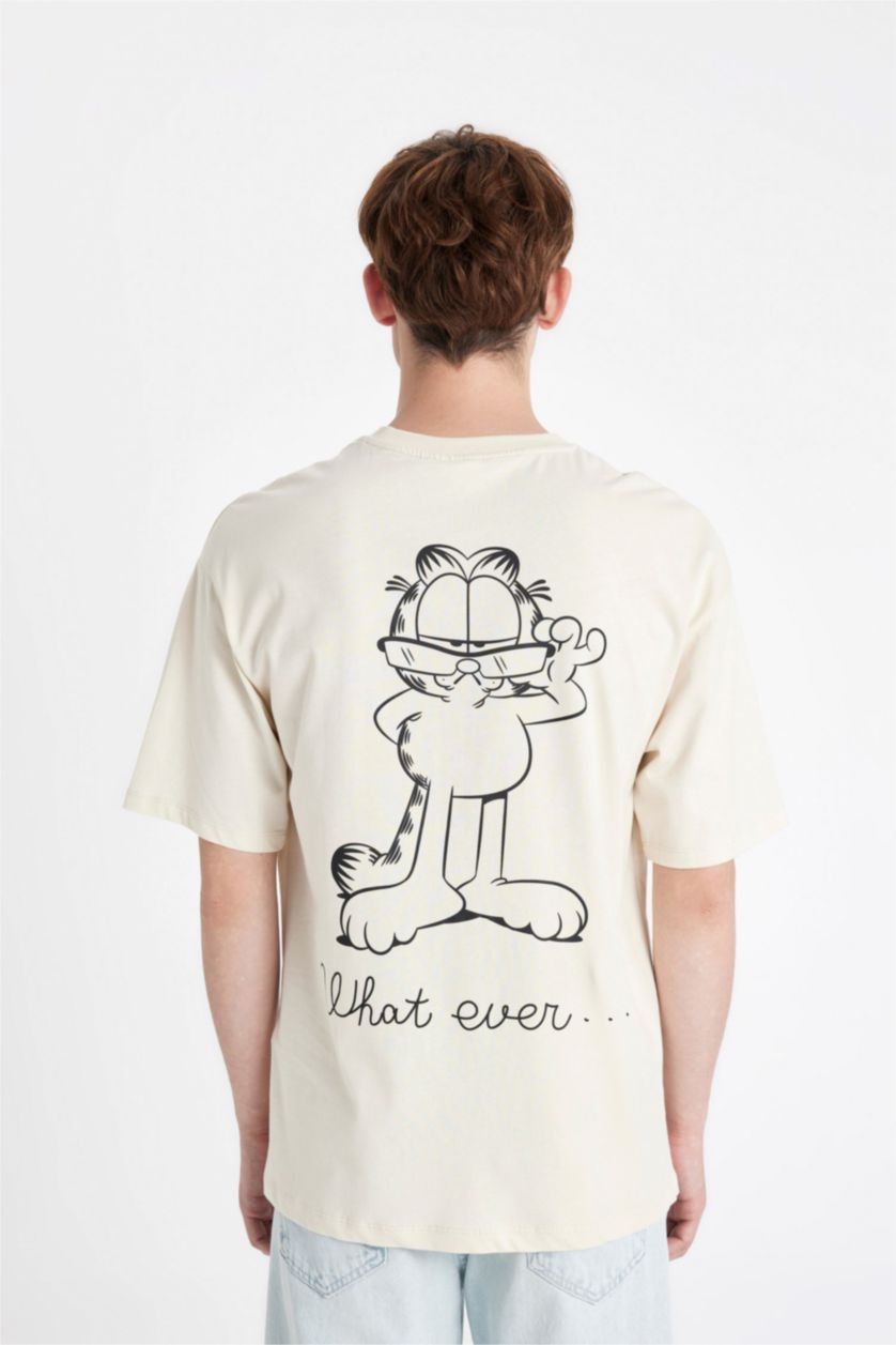Erkek Kum %100 Pamuk Garfield Boxy Fit Bisiklet Yaka Sırt Baskılı Kısa Kollu Tişört