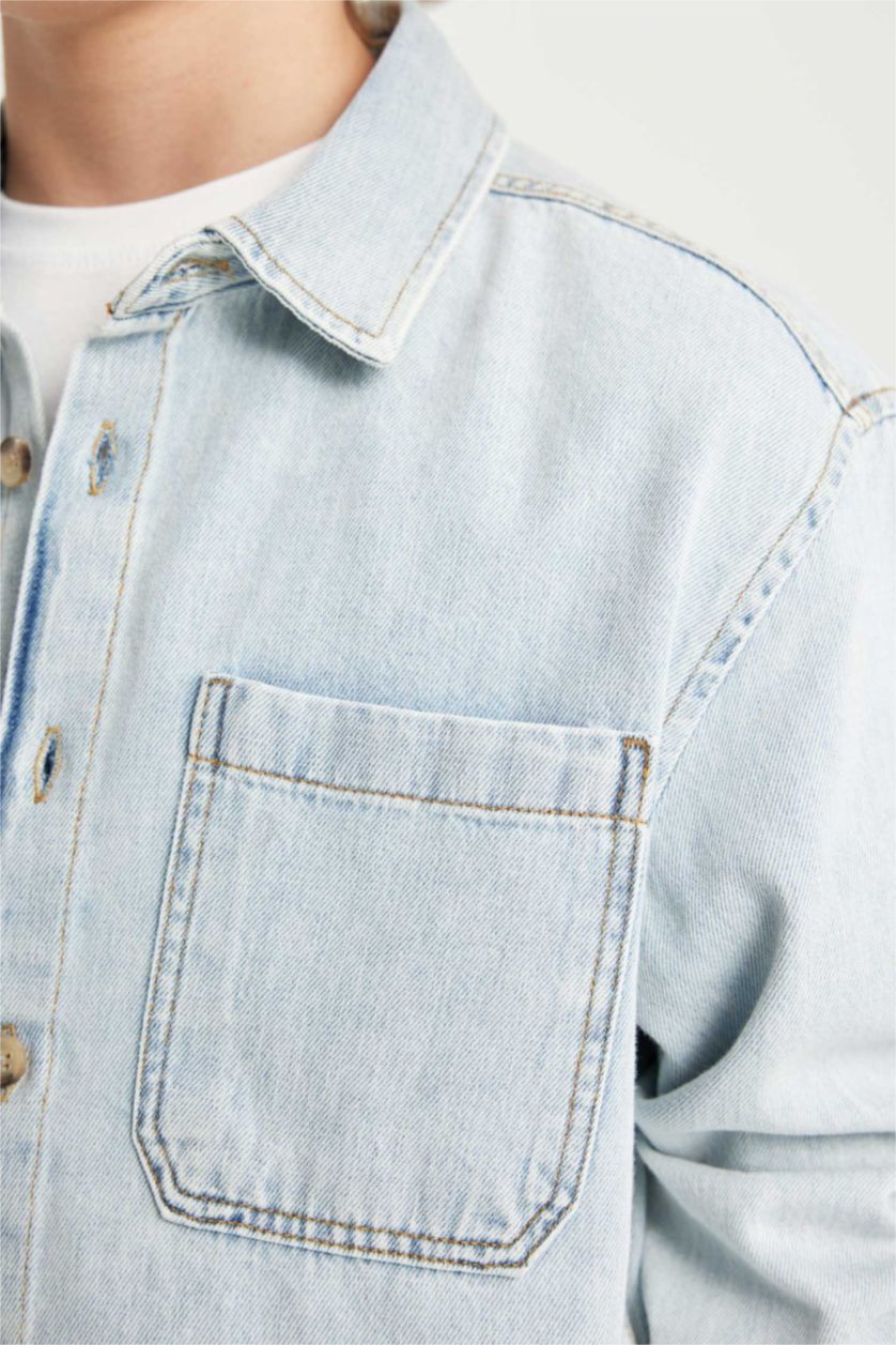 أولاد أزرق فاتح قميص جينز ولادي واسع كم طويل برقبة بولو