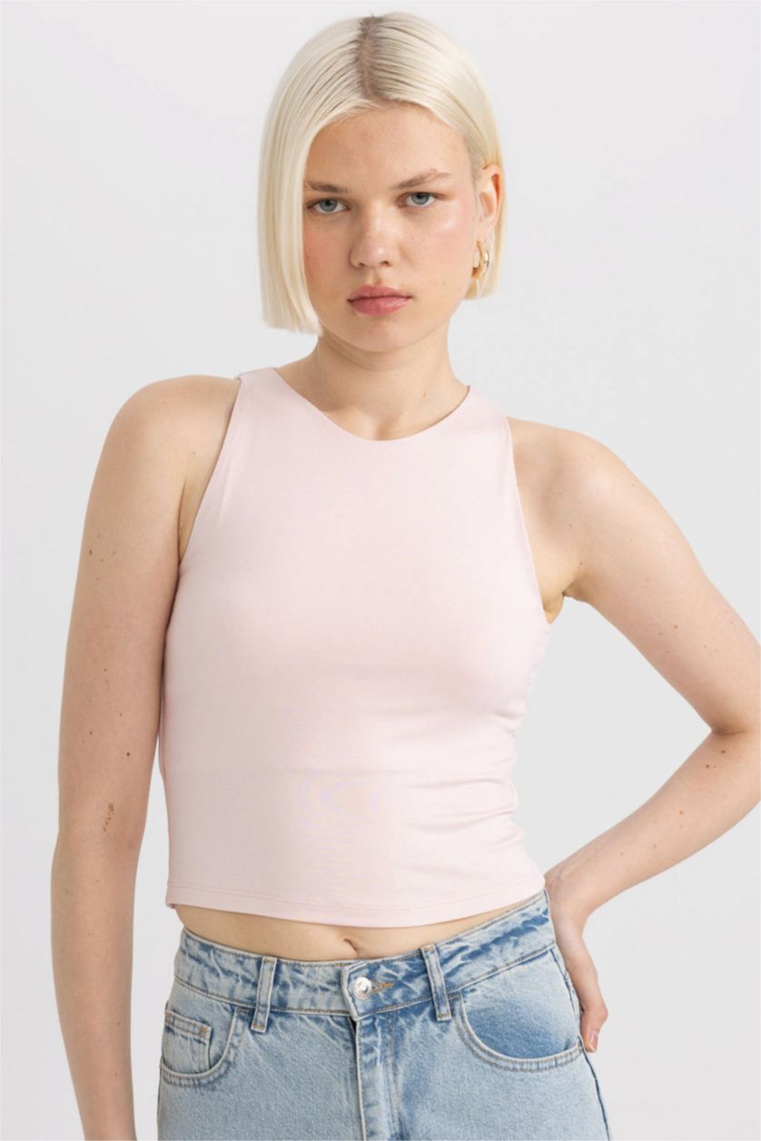 FEMME Rose Clair Débardeur à Coupe Slim et col Halter