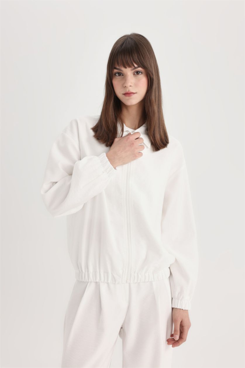 WOMAN Ecru Shirt Collar Zippered Basic Bomber Jacket