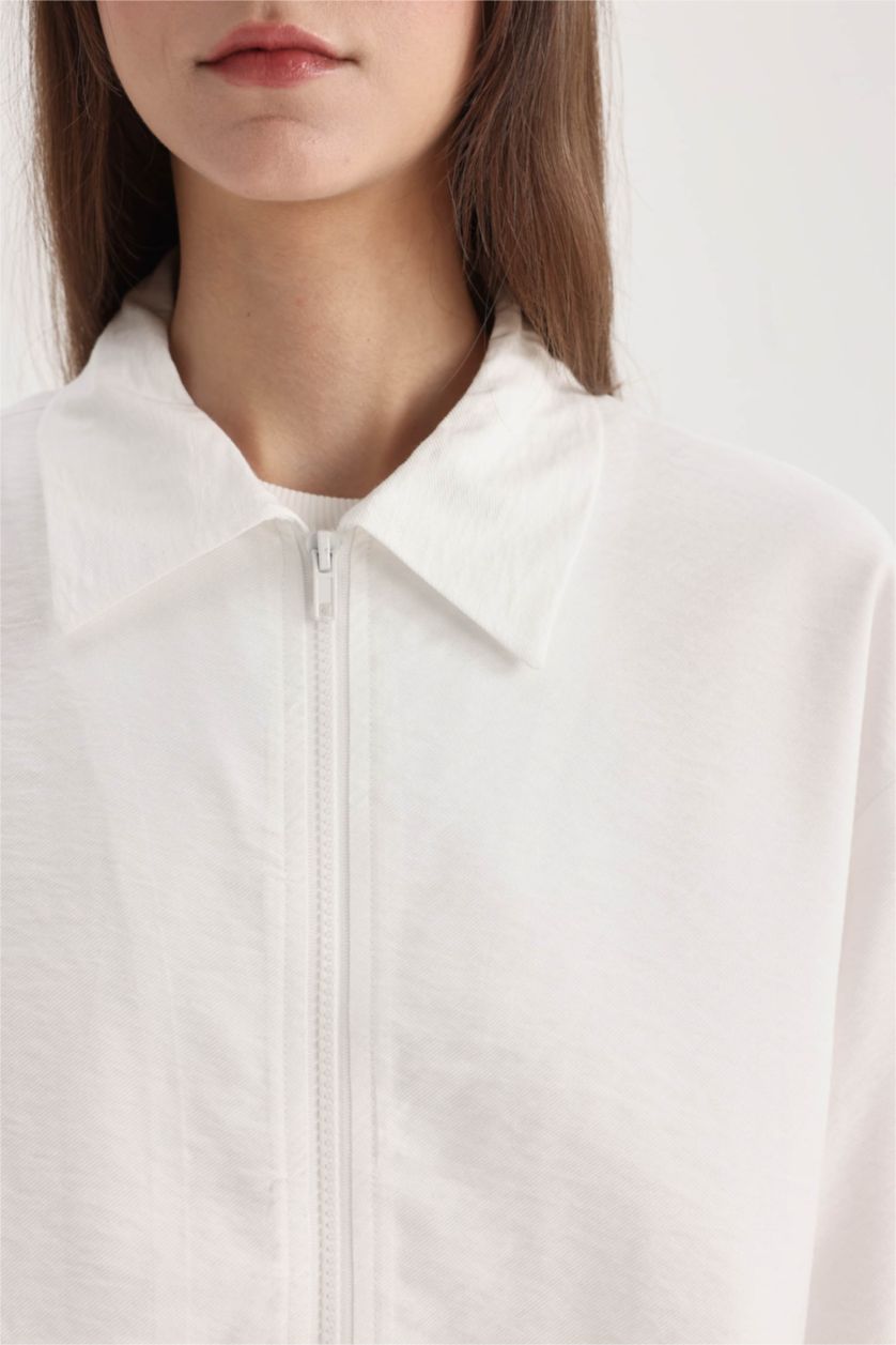 WOMAN Ecru Shirt Collar Zippered Basic Bomber Jacket