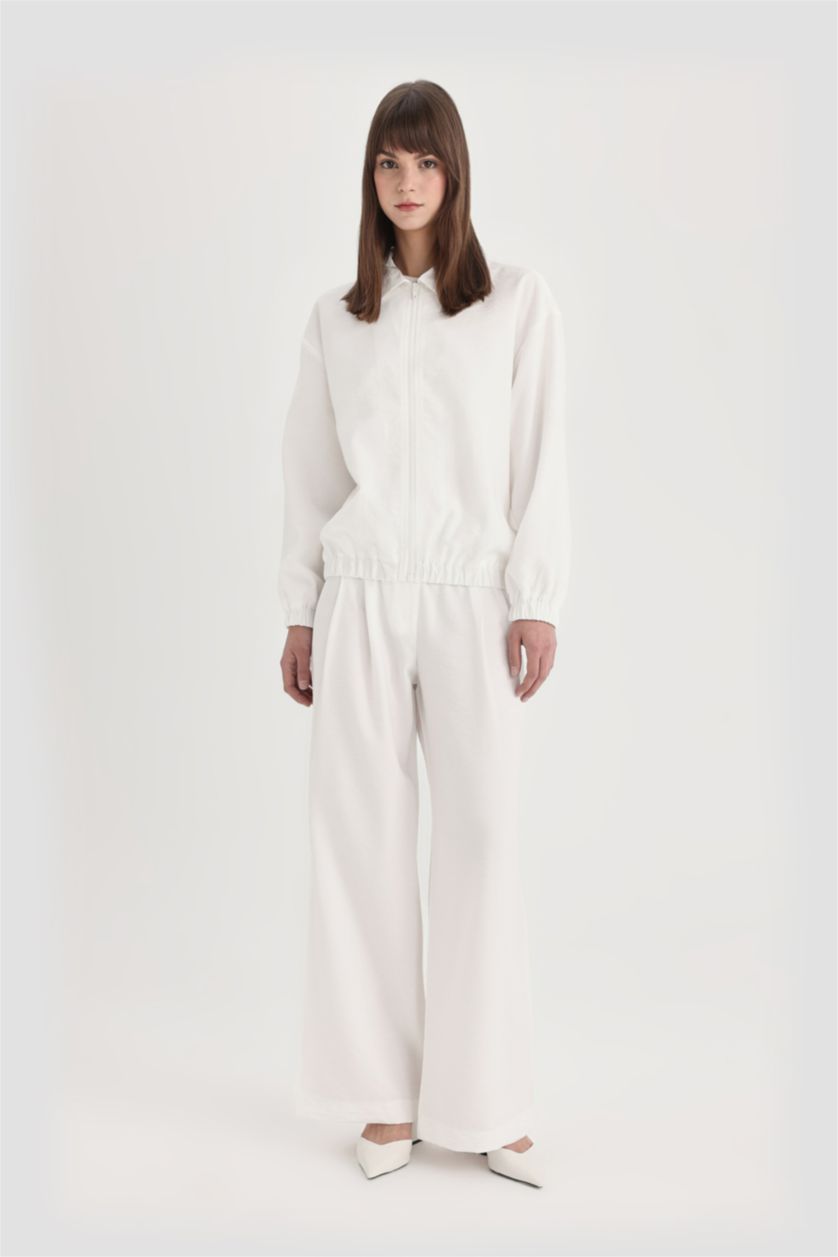 Kadın Ekru Wide Leg Geniş Bol Paça Cepli Basic Düz Klasik Beyaz Pantolon