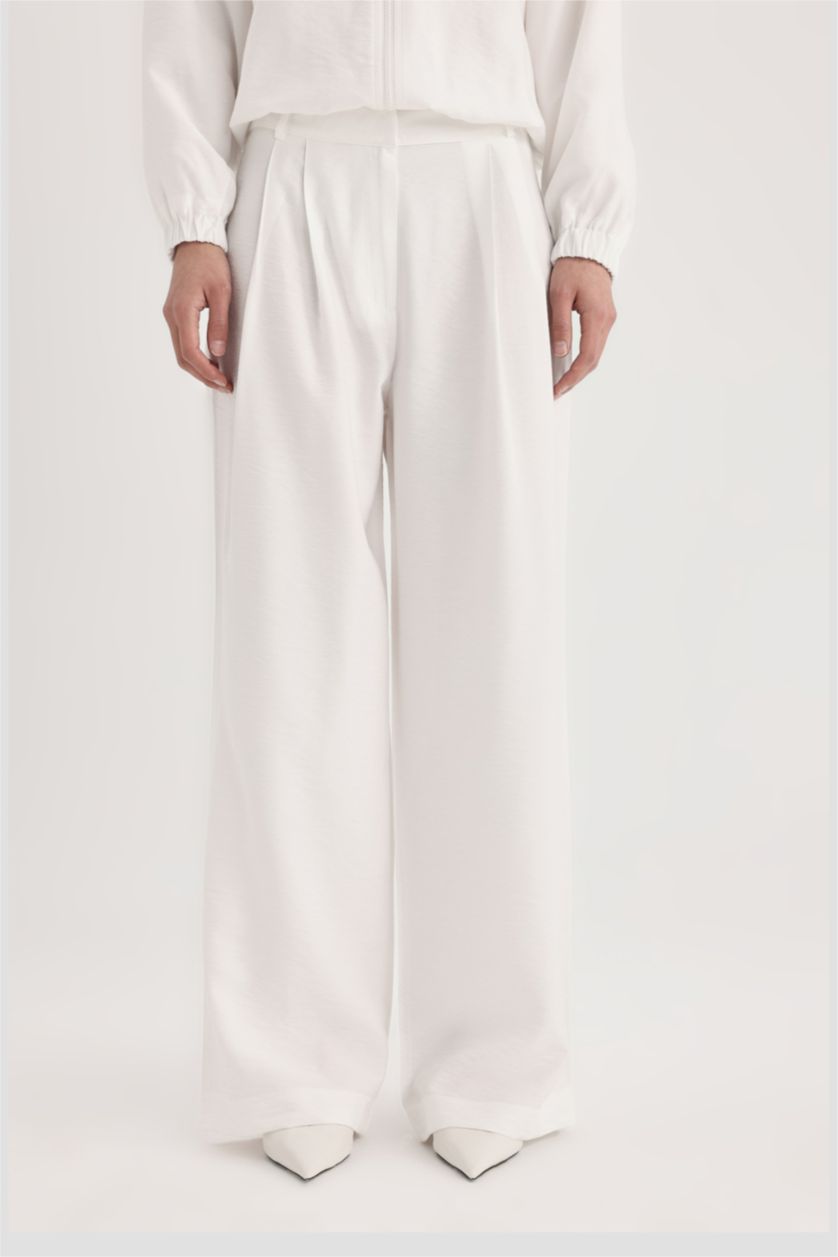 Kadın Ekru Wide Leg Geniş Bol Paça Cepli Basic Düz Klasik Beyaz Pantolon