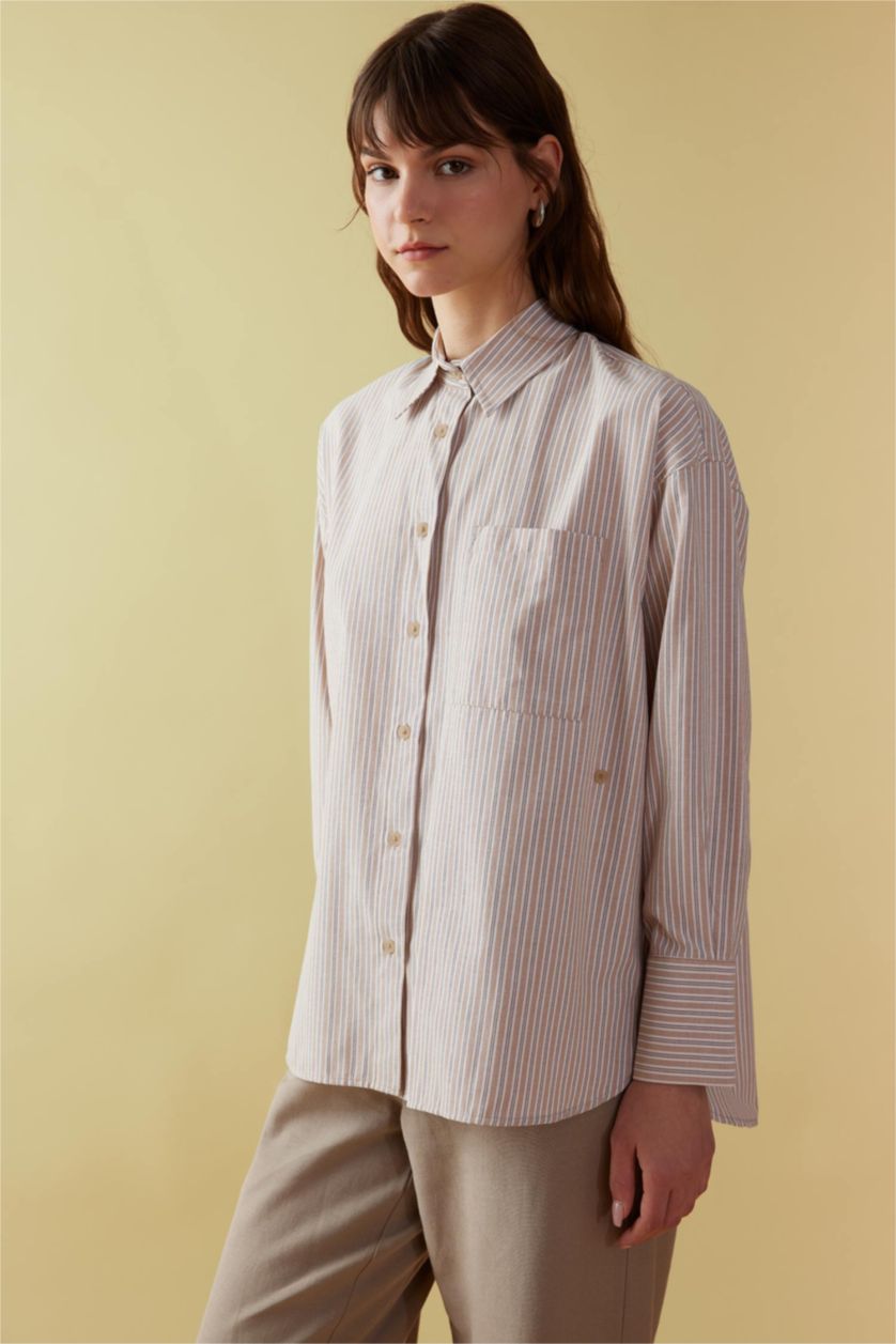 FEMME Marron Clair Tunique Chemise Popeline Rayée Coupe Relax à Manches Longues