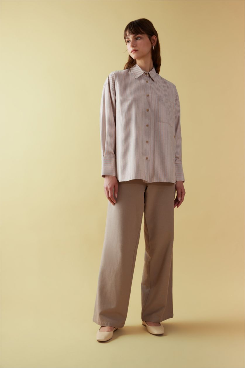 FEMME Marron Clair Tunique Chemise Popeline Rayée Coupe Relax à Manches Longues