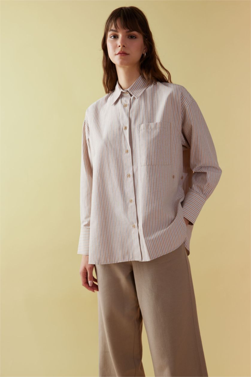 FEMME Marron Clair Tunique Chemise Popeline Rayée Coupe Relax à Manches Longues