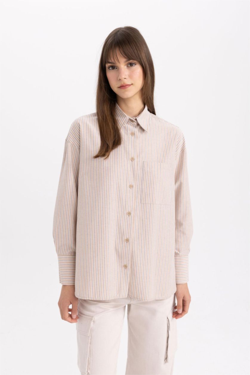 FEMME Marron Clair Tunique Chemise Popeline Rayée Coupe Relax à Manches Longues