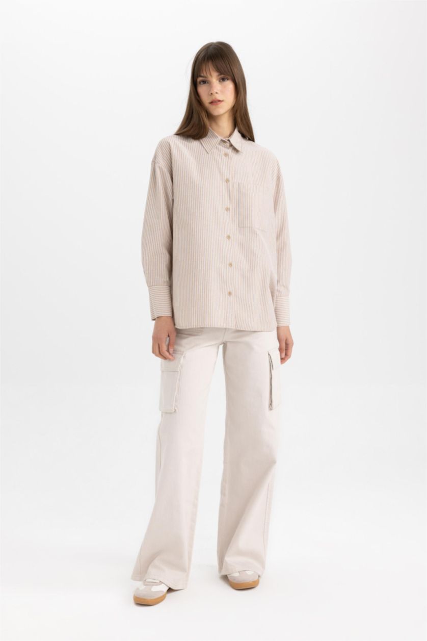 FEMME Marron Clair Tunique Chemise Popeline Rayée Coupe Relax à Manches Longues