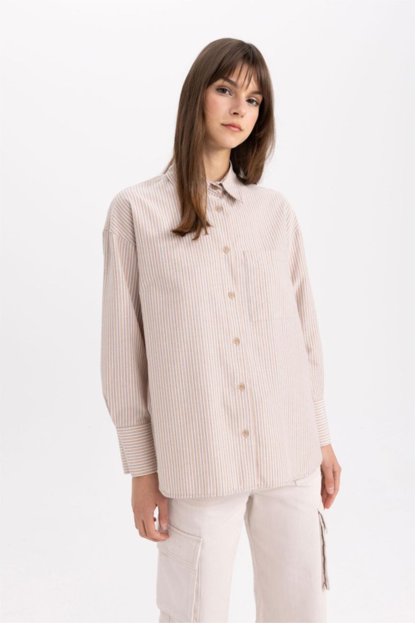 FEMME Marron Clair Tunique Chemise Popeline Rayée Coupe Relax à Manches Longues