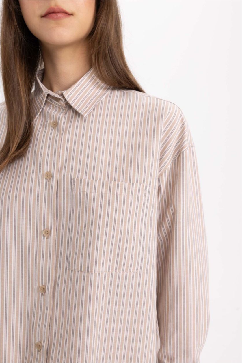 FEMME Marron Clair Tunique Chemise Popeline Rayée Coupe Relax à Manches Longues