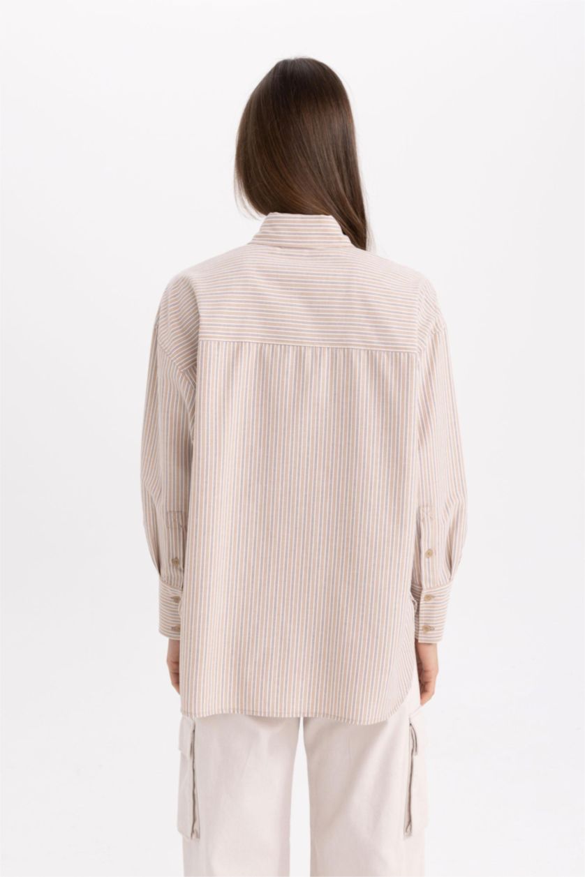 FEMME Marron Clair Tunique Chemise Popeline Rayée Coupe Relax à Manches Longues