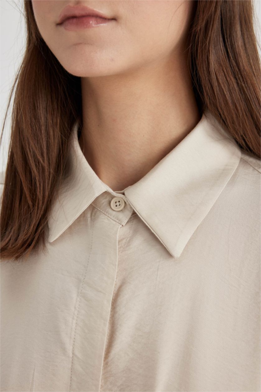 FEMME Beige Robe Longue Col Chemise à Manches Longues