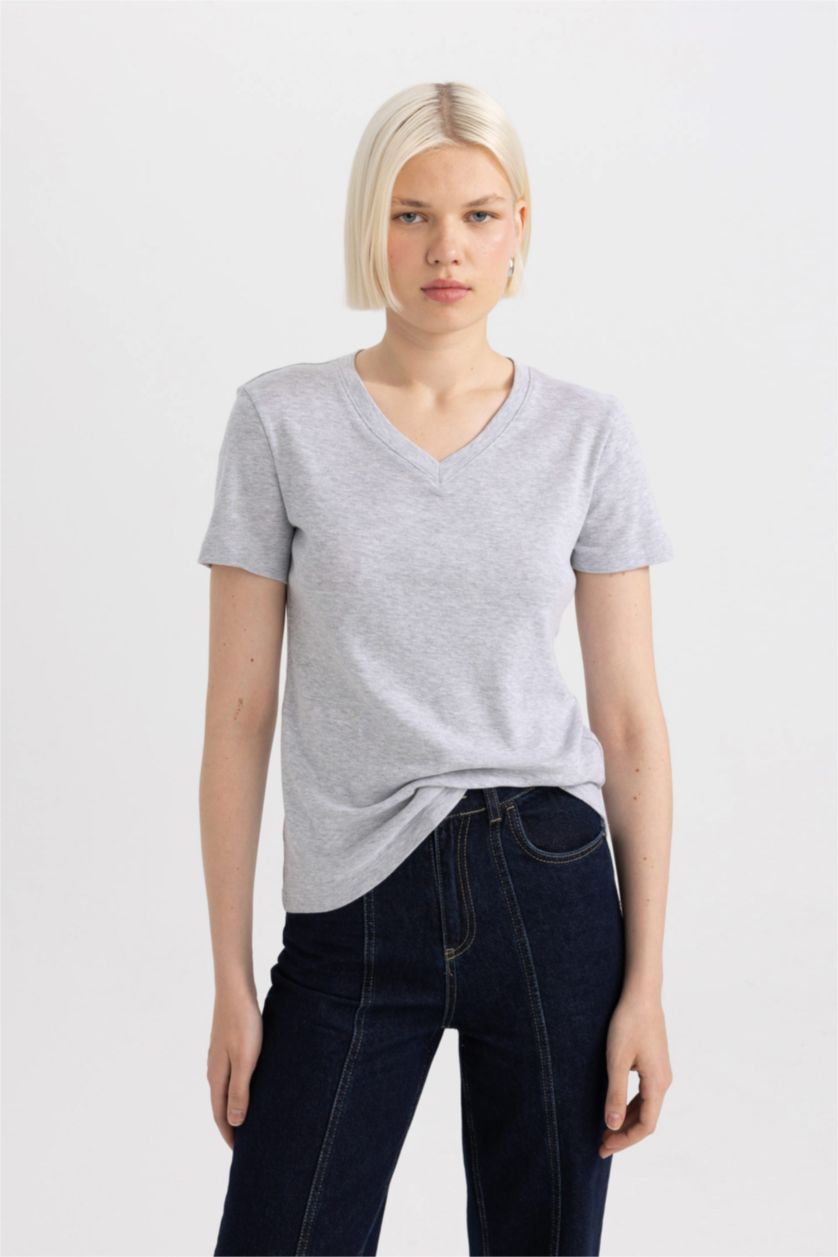 WOMAN Grey Melange Slim Fit Ribana Short Sleeve T-Shirt