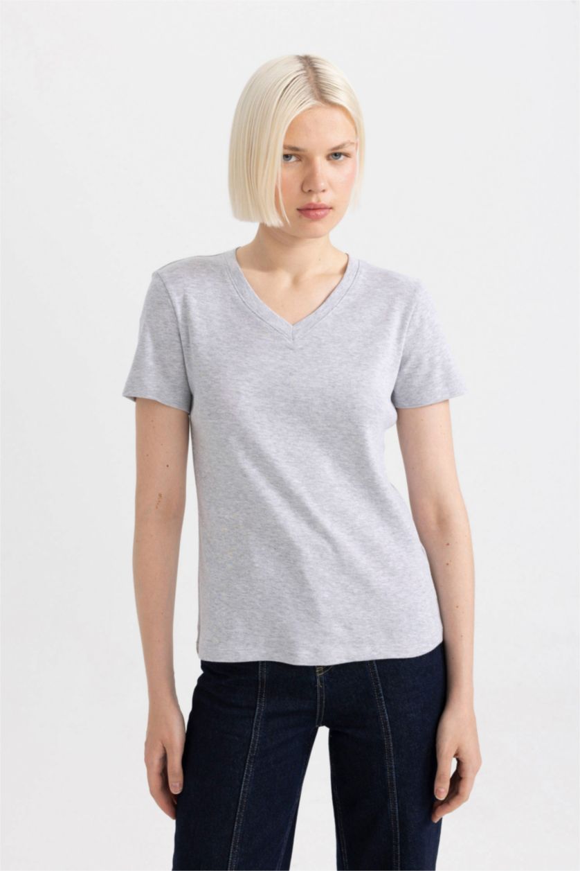 WOMAN Grey Melange Slim Fit Ribana Short Sleeve T-Shirt
