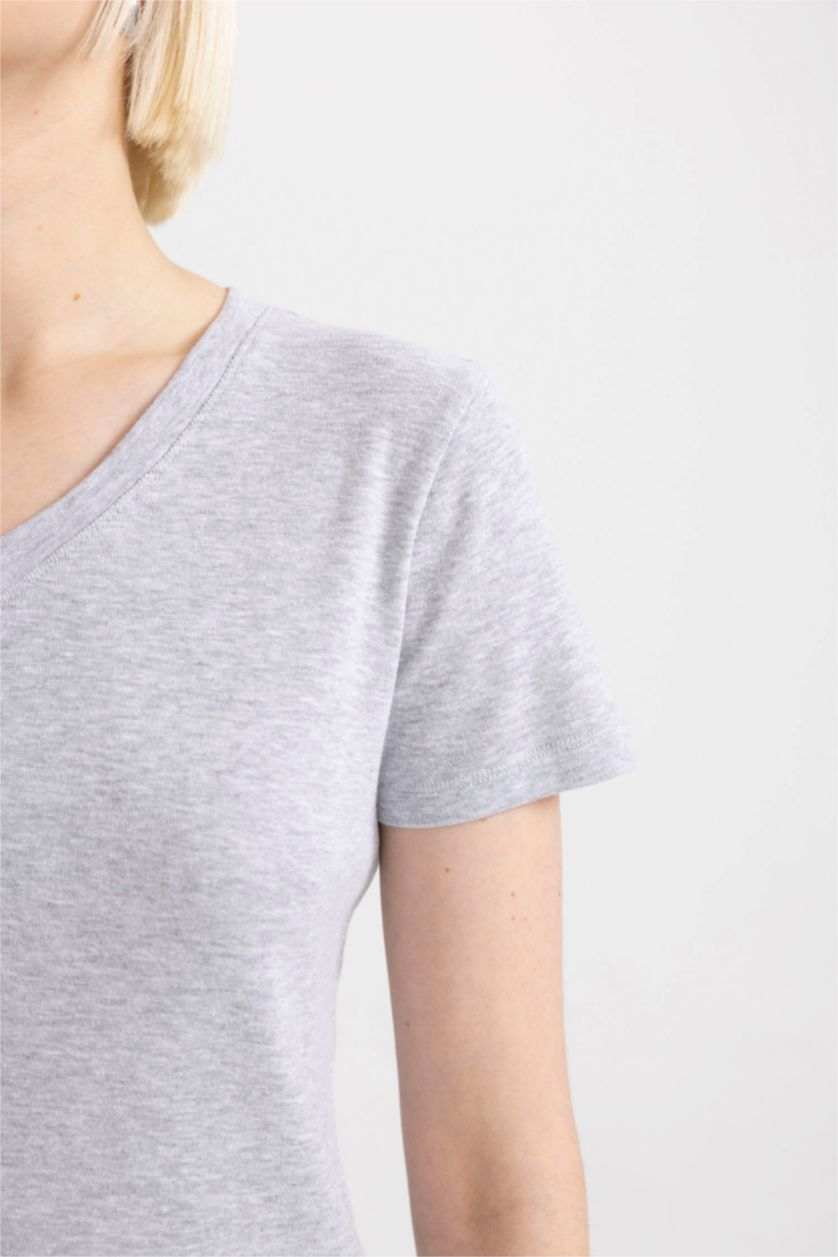 WOMAN Grey Melange Slim Fit Ribana Short Sleeve T-Shirt