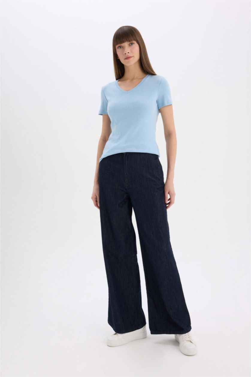 نساء أزرق فاتح تيشيرت نص كم عادي سليم مضلع برقبة V