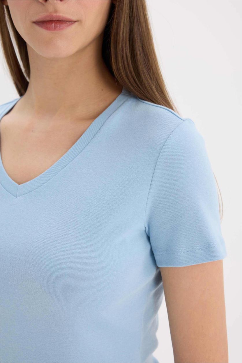 نساء أزرق فاتح تيشيرت نص كم عادي سليم مضلع برقبة V