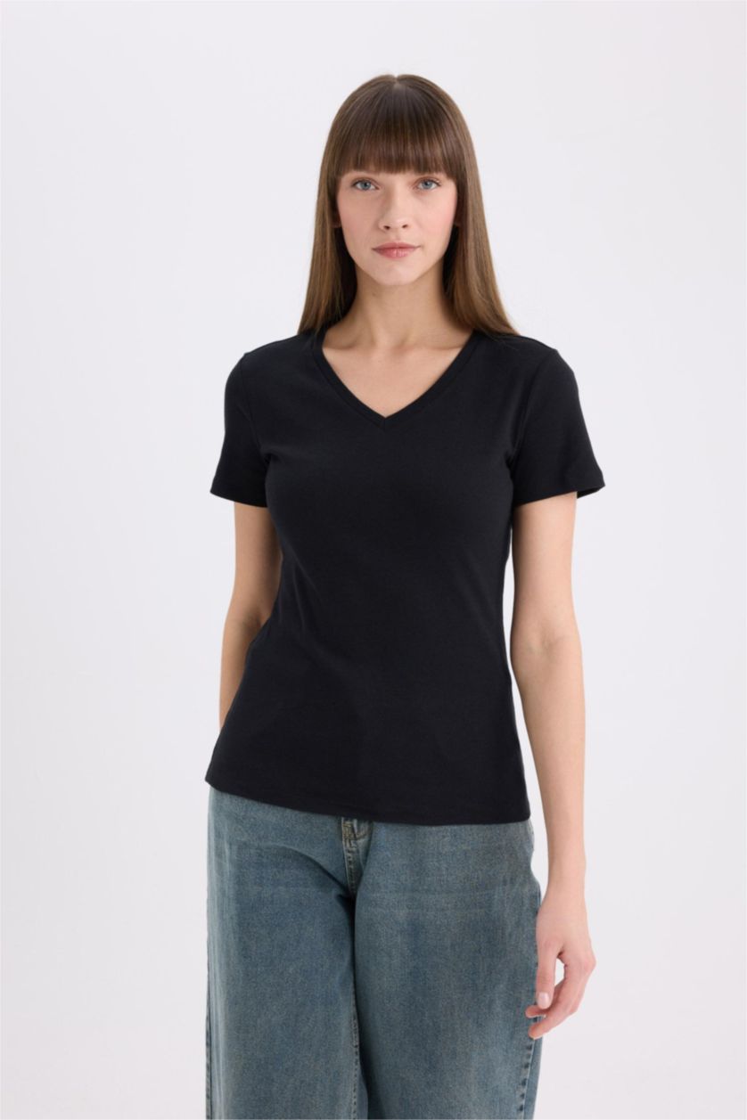 WOMAN Black Slim Fit V Neck Basic Rib Short Sleeve T-Shirt