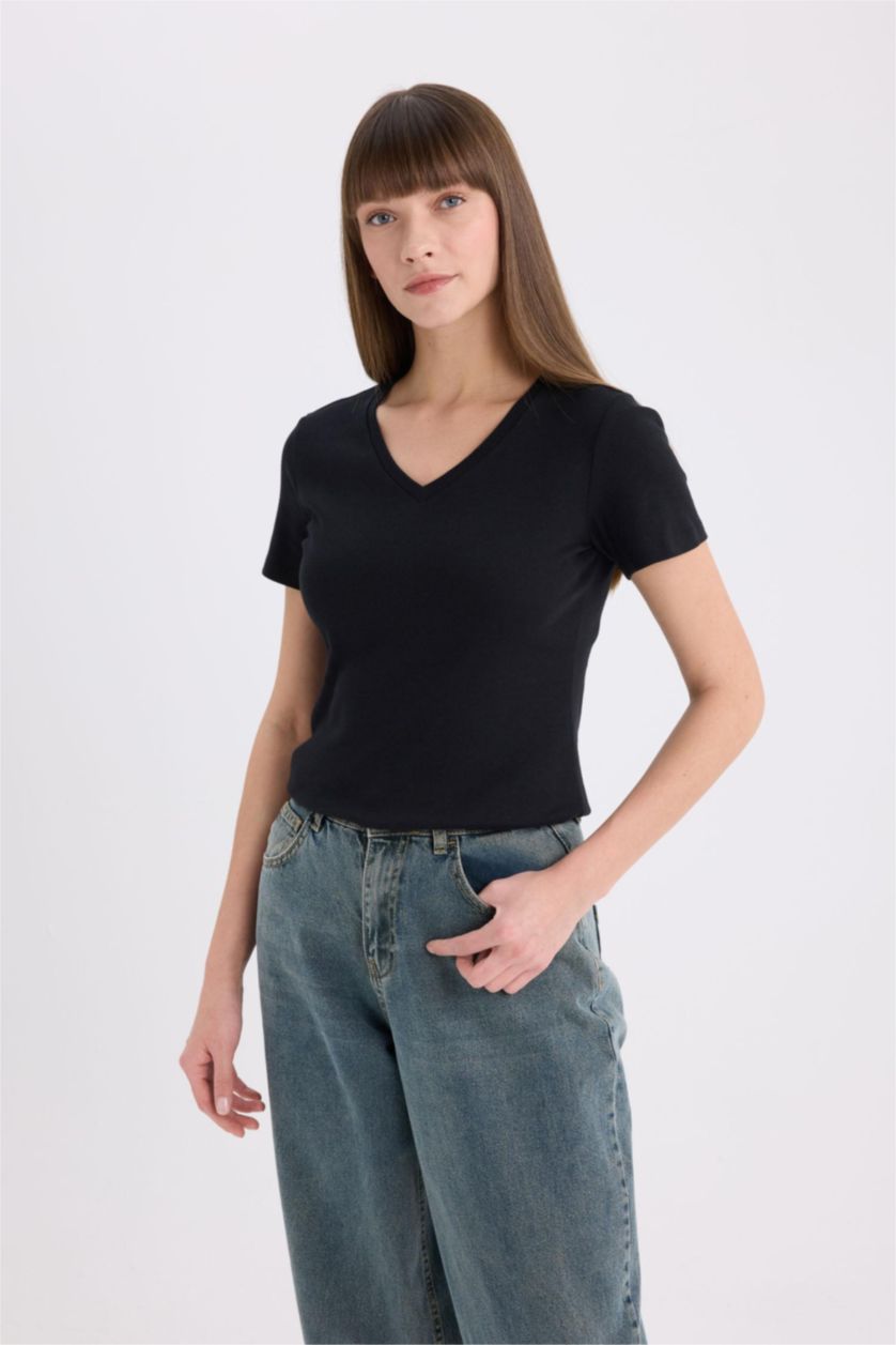 WOMAN Black Slim Fit V Neck Basic Rib Short Sleeve T-Shirt