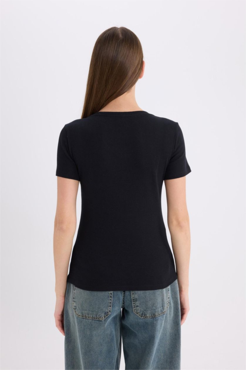 WOMAN Black Slim Fit V Neck Basic Rib Short Sleeve T-Shirt