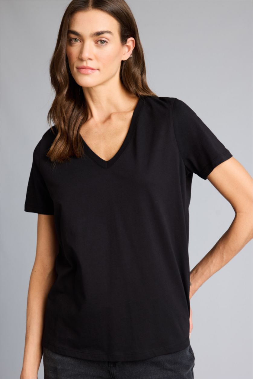 WOMAN Black Slim Fit V-Neck Basic Ribbed Short Sleeve T-shirt
