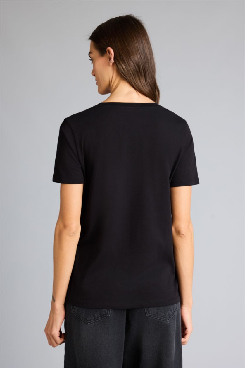 WOMAN Black Slim Fit V-Neck Basic Ribbed Short Sleeve T-shirt